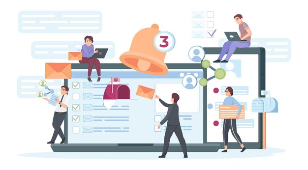 Concepto plano de marketing por correo electrónico con personas que envían mensajes publicitarios que llegan a la ilustración de vector de audiencia objetivo