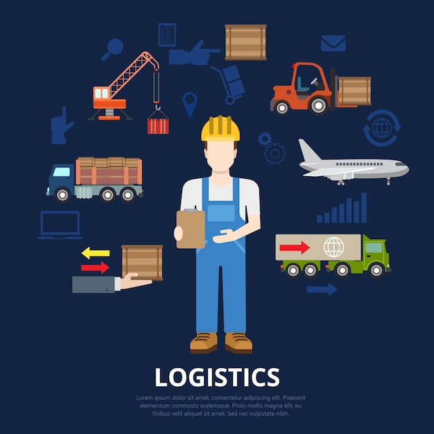 Concepto plano de negocio de logística. Repartidor de trabajadores de almacén y proceso de movimiento de cajas de mercancías.