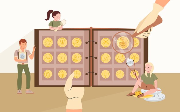 Concepto plano de numismática con álbum abierto con monedas de oro y plata y personas con lupas ilustración vectorial