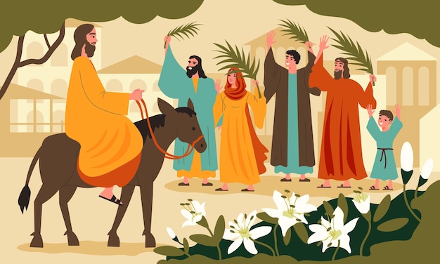 Concepto plano de pascua y domingo de ramos con jesucristo entrando en jerusalén en la ilustración de vector de burro