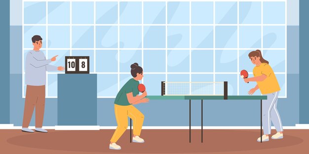 Concepto plano de ping pong con mujeres jóvenes jugando ilustración vectorial de tenis de mesa