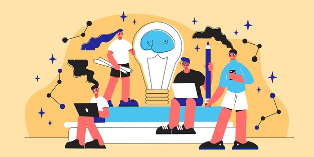 Concepto plano de trabajo en equipo con cuatro personajes humanos sonrientes e ilustración de bombilla