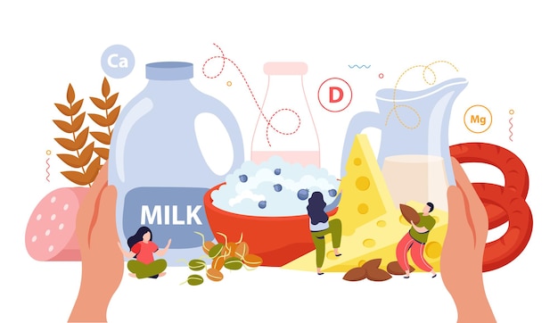 Concepto plano de uso de leche con niño de productos lácteos, incluido el queso y la ilustración de vector de cuajada