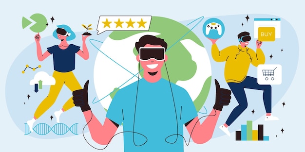 Concepto plano vr con personas que usan auriculares de realidad aumentada ilustración vectorial