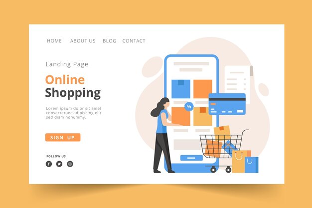 Concepto de plantilla de compras en línea de página de destino de diseño plano