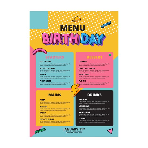 Concepto de plantilla de menú de cumpleaños