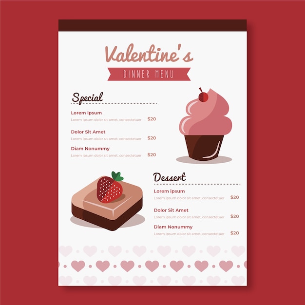 Concepto de plantilla de menú del día de San Valentín
