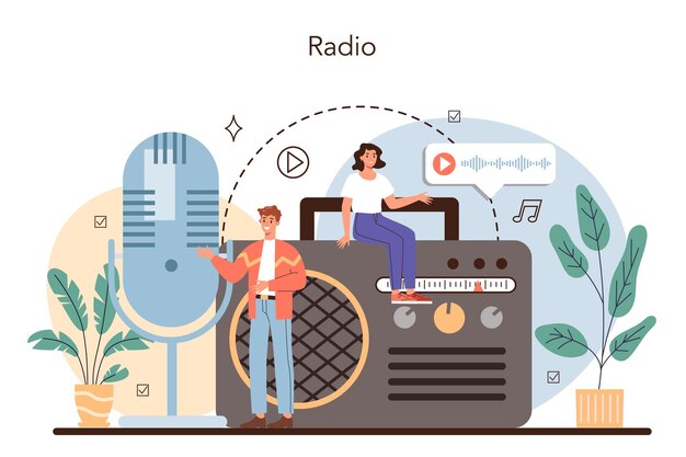 Concepto de presentador de radio Idea de transmisión de noticias en el estudio Radio DJ entrevistando a una persona Podcasting a través del micrófono Ilustración de vector plano