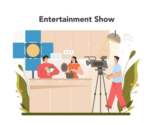 Concepto de presentador de televisión Presentador de televisión en un estudio haciendo un programa entretenido Locutor hablando en cámara informando noticias Ilustración vectorial aislada