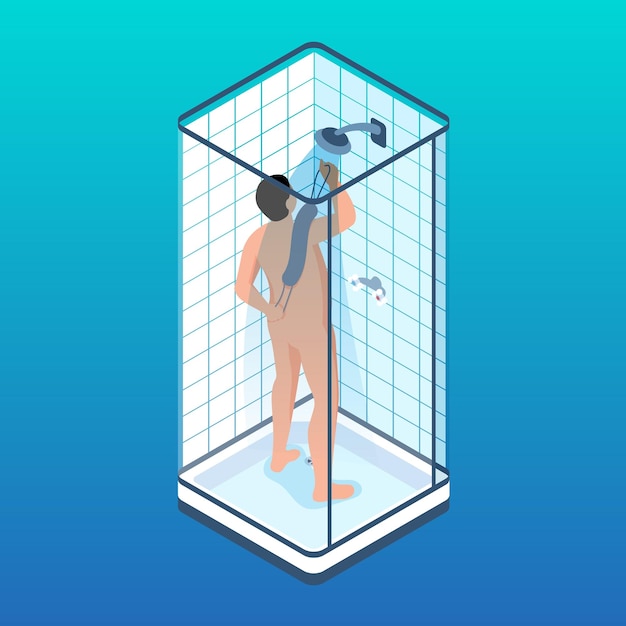 Vector gratuito concepto de procedimiento de higiene personal de baño isométrico con hombre duchándose en la ilustración de vector de fondo degradado