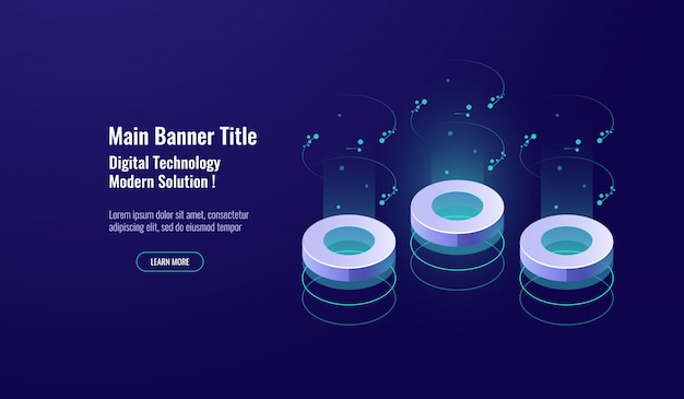 Concepto de procesamiento de datos grandes, tecnología digital, icono isométrico de sala de servidores, elemento abstracto