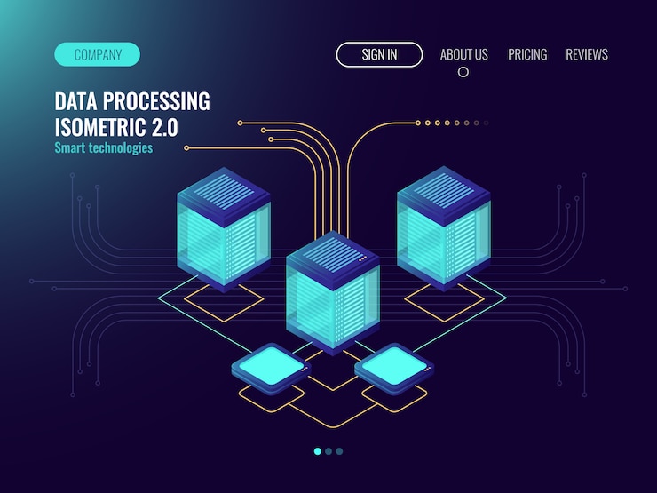 Vector gratuito concepto de procesamiento de datos, sala de servidores, concepto de alojamiento web, objetos de tecnología abstracta