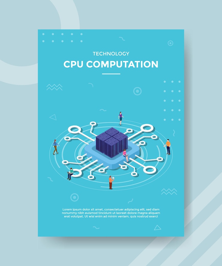 Vector gratuito concepto de procesamiento o computación de datos de cpu para banner de plantilla y volante con estilo isométrico