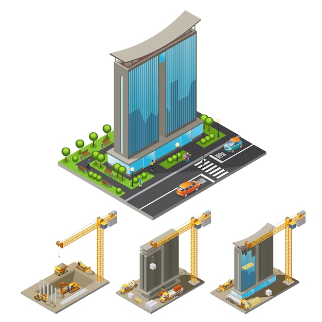 Vector gratuito concepto de proceso de construcción de edificios isométricos con diferentes pasos de grúas de construcción de rascacielos y transporte industrial aislado