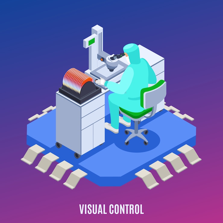 Vector gratuito concepto de producción de semiconductores con símbolos de control visual isométricos.