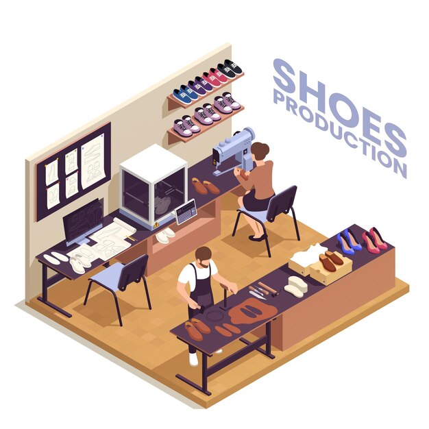 Concepto de producción de zapatos con ilustración isométrica de símbolos de calzado