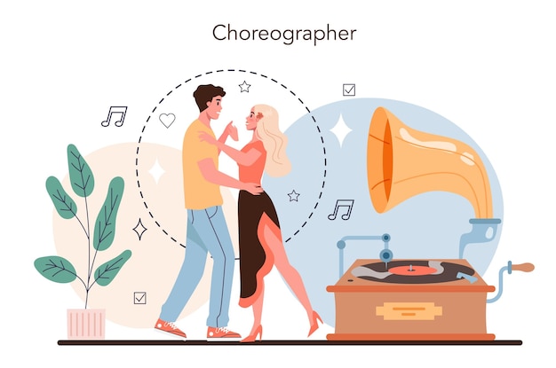 Vector gratuito concepto de profesor de danza coreógrafo en un estudio de danza cursos de baile para niños y adultos ballet clásico o danza callejera moderna ilustración vectorial