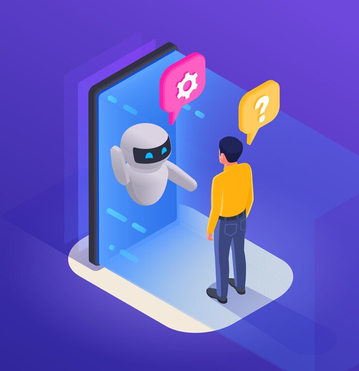 Vector gratuito concepto de programa de mensajería chatbot con símbolos de soporte ilustración vectorial isométrica