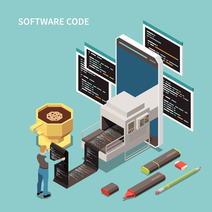 Vector gratuito concepto de programación con código de software y símbolos de soporte ilustración isométrica