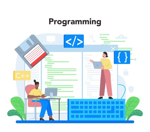 Concepto de programador Idea de prueba de codificación y programa de escritura usando Internet y software diferente Desarrollo y optimización de sitios web Ilustración vectorial aislada