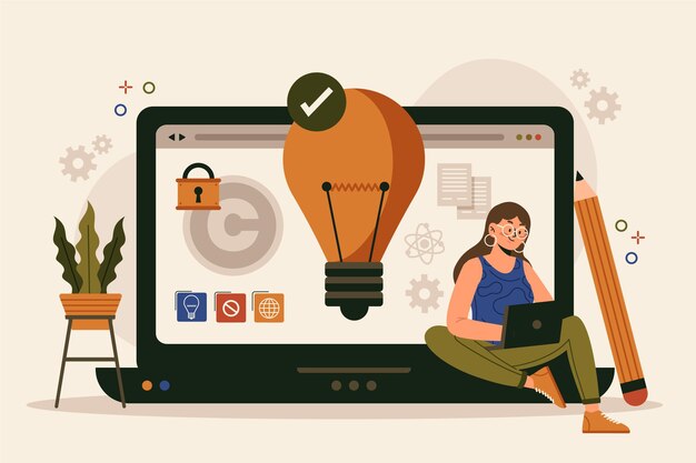 Concepto de propiedad intelectual de diseño plano con mujer y portátil