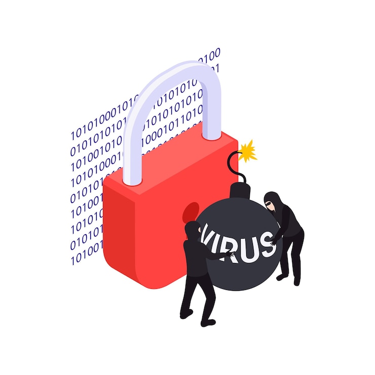 Vector gratuito concepto de protección de datos con dos piratas informáticos que intentan explotar el bloqueo con bomba de virus isométrica