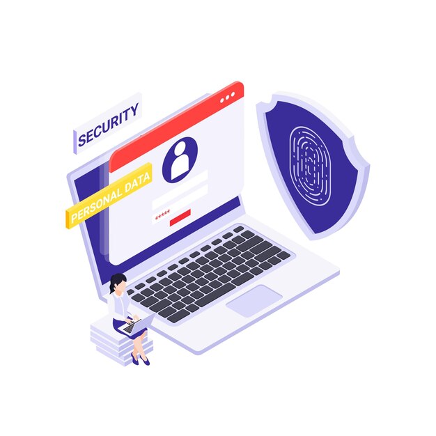 Concepto de protección de datos personales con shielf de computadora 3d con carácter humano de huellas dactilares isométrico