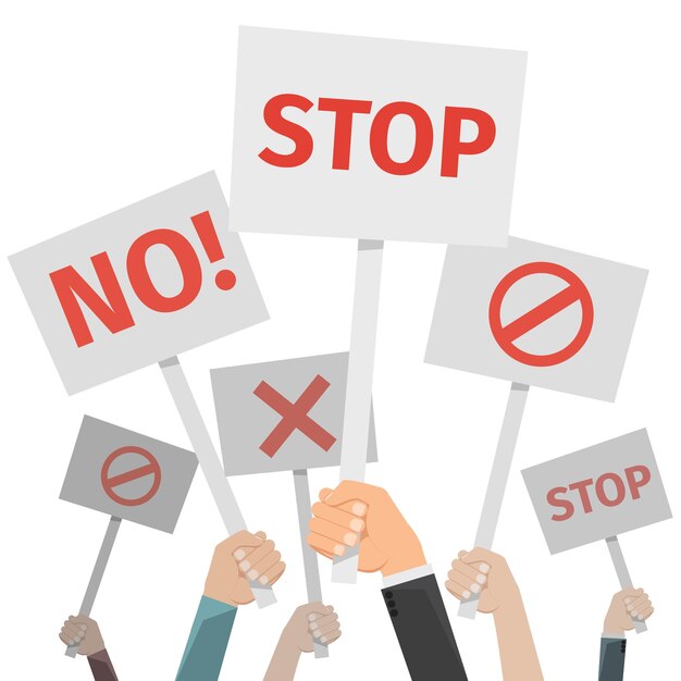 Concepto de protesta. Manos sosteniendo diferentes carteles, No y detenerse, cruzar y prohibir.