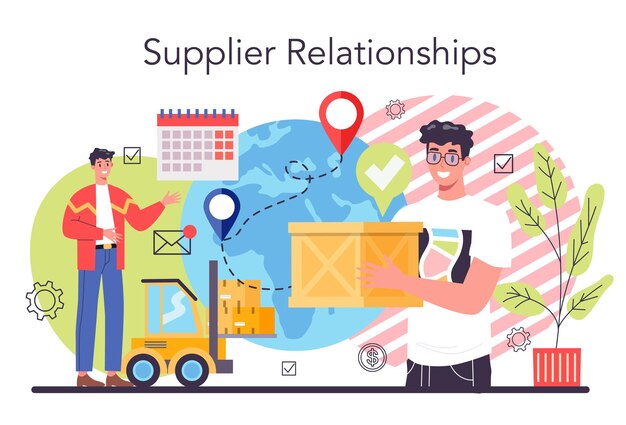 Concepto de proveedores Idea B2B Servicio de distribución logística global Compañía como sociedad comercial de clientes Tecnologías modernas en ventas Ilustración de vector plano aislado