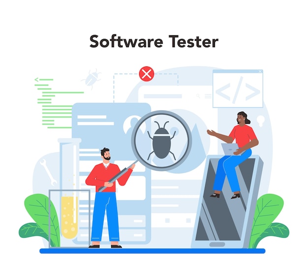 Concepto de prueba de software proceso de prueba de código de aplicación o sitio web especialista en ti en busca de errores idea de tecnología informática análisis digital ilustración vectorial en estilo de dibujos animados