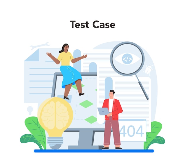 Concepto de prueba de software Proceso de prueba de código de aplicación o sitio web Especialista en TI en busca de errores Idea de tecnología informática Análisis digital Ilustración vectorial en estilo de dibujos animados