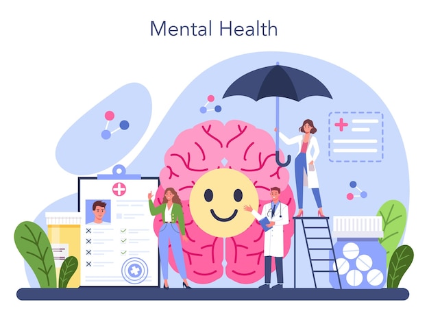 Vector gratuito concepto de psiquiatra diagnóstico de salud mental médico que trata enfermedades mentales con psiquiatría apoyo psicológico vector ilustración plana