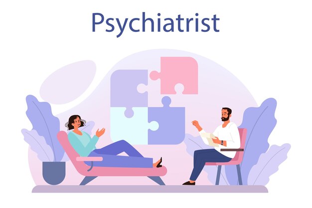 Concepto de psiquiatra Diagnóstico de salud mental Médico que trata la mente humana Prueba psicológica y ayuda Análisis de pensamientos y emociones Ilustración vectorial en estilo de dibujos animados
