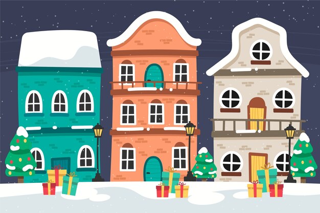 Concepto de pueblo navideño dibujado a mano