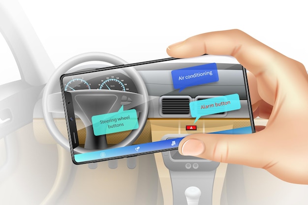 Concepto de realidad aumentada con ilustración realista del interior del coche del teléfono inteligente