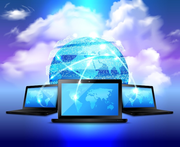 Concepto realista de almacenamiento en la nube con globo digital abstracto y tres computadoras portátiles alrededor