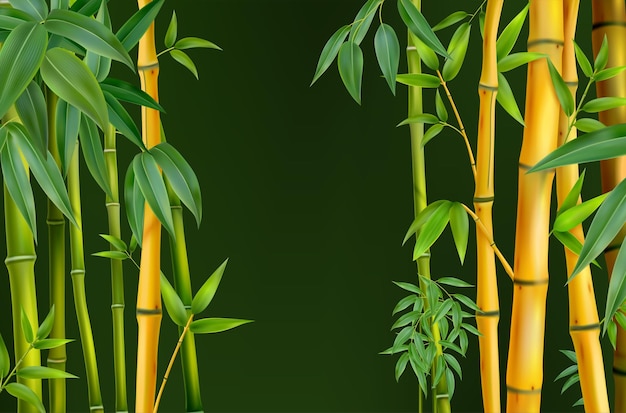 Concepto realista de bambú vector troncos de árboles de bambú en los lados en ilustración de fondo negro