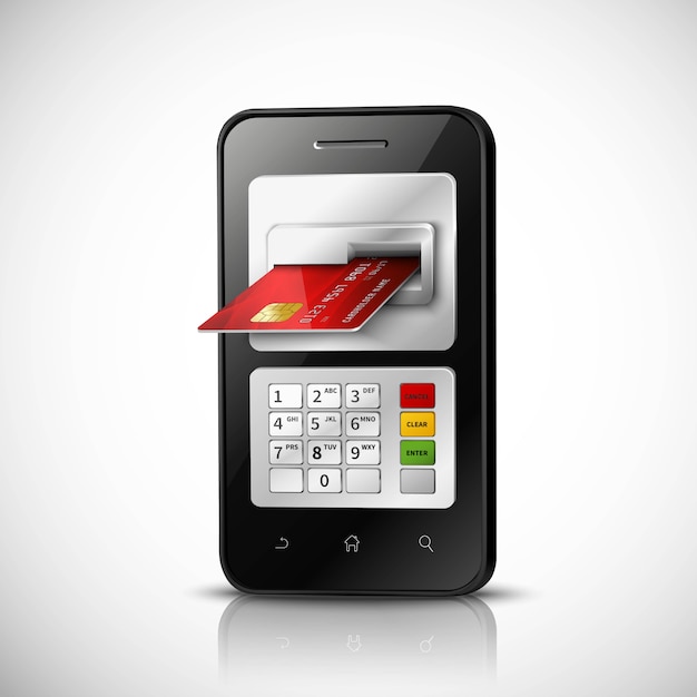 Concepto realista de banca móvil con teléfono móvil y tarjeta de crédito