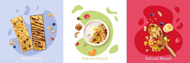 Concepto realista con muesli de frutas y bayas naturales