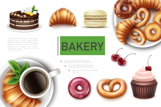 Concepto realista de panadería y productos dulces con pastel croissant macarrones donuts pretzel cupcake taza de café ilustración