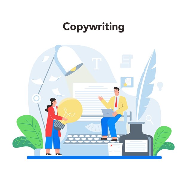 Concepto de redactor Escribir y diseñar textos creatividad e idea de promoción Encontrar información y crear contenido valioso Vector ilustración plana