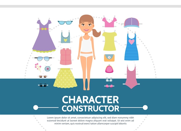 Vector gratuito concepto redondo de creación de personaje femenino plano con zapatillas de deporte de embrague de gafas de sol de camisa de falda de vestido de niña atractiva