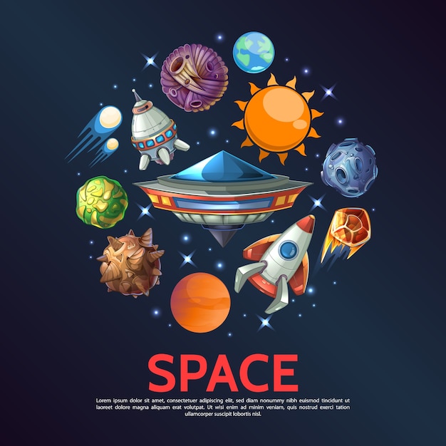 Concepto redondo de espacio de dibujos animados con el planeta Tierra, meteoritos, asteroides, cometas, estrellas, naves espaciales, sol, ovni