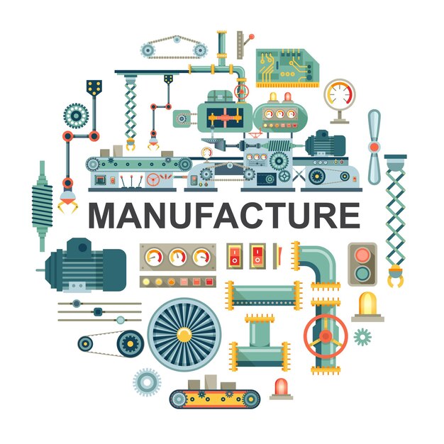 Concepto redondo industrial plano con diferentes partes y componentes de la ilustración de la cinta transportadora