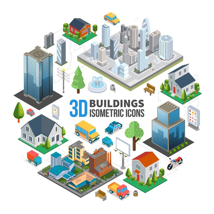 Vector gratuito concepto redondo isométrico del paisaje de la ciudad con edificios modernos, rascacielos, propiedades, bancos de transporte, árboles, fuente de basura, ilustración