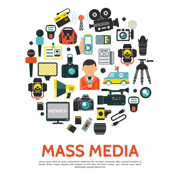 Concepto redondo plano de los medios de comunicación con las cámaras de video de la foto del coche de las noticias de la torre de radio del reportero