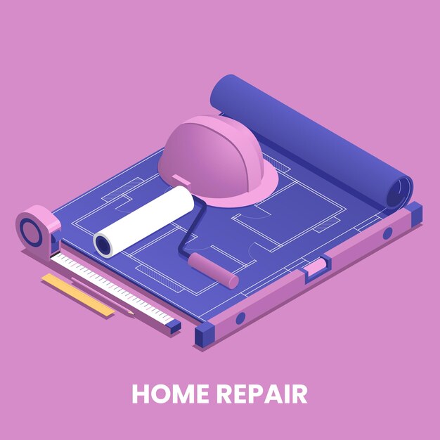 Concepto de reparación del hogar con redecoración y símbolos de trabajo ilustración vectorial isométrica