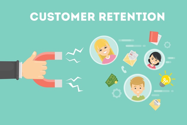 Concepto de retención de clientes Mano con imán intenta atraer clientes