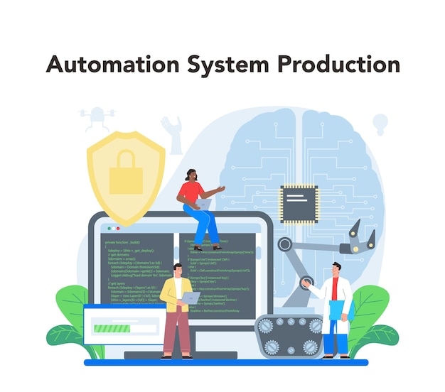 Vector gratuito concepto de robótica ingeniería y construcción robótica idea de inteligencia artificial en la industria del modelado producción de sistemas de automatización ilustración vectorial flate