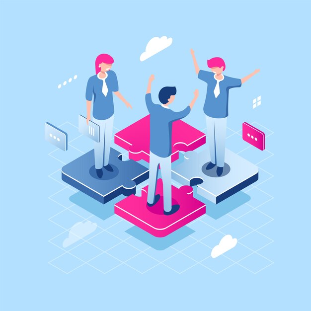 Concepto de rompecabezas de trabajo en equipo, ícono de negocio isométrico de equipo abstracto, colaboración de personas